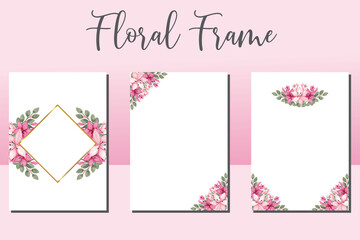 Wedding invitation frame set, floral watercolor hand drawn Pink Lily Flower design Invitation Card Template