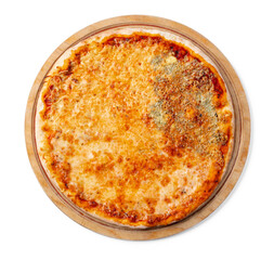 Fresh pizza on wooden board isolated on white