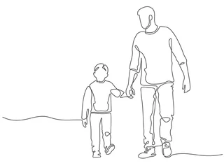 Photo sur Plexiglas Une ligne Un père de lignée. Papa marchant avec son fils. Affiche de paternité avec homme et enfant main dans la main. Lignes continues concept de vecteur de fête des pères heureux