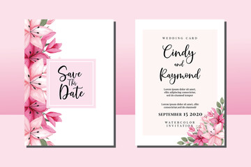 Wedding invitation frame set, floral watercolor hand drawn Pink Lily Flower design Invitation Card Template