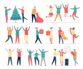 Obraz na płótnie Canvas People celebrate merry christmas. Friends and family at new year party dance, sing, drink, decorate tree, hold gifts and confetti vector set