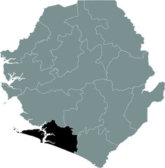 Black highlighted location map of the Sierra Leonean Bonthe district inside gray map of the Republic of Sierra Leone