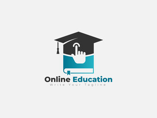 Fototapeta na wymiar Online education logo, book, hand cursor, hat icon. logo design for educational institute.