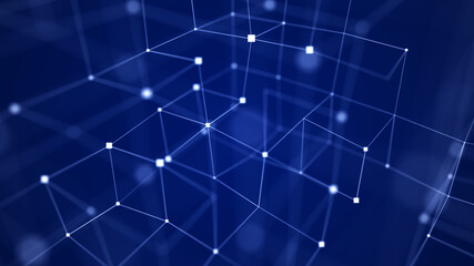 Digital blockchain concept and data transfer system. Abstract wireframe cube whith connection dots and lines. Storage cells of datas. 3d rendering.