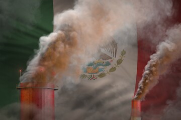 Global warming concept - heavy smoke from factory pipes on Mexico flag background with space for your logo - industrial 3D illustration