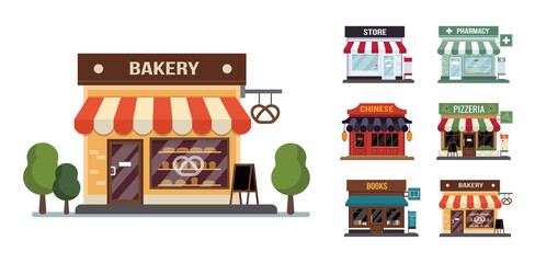 Flat style shop little tiny icon set. Chinese, bakery, pizza, pharmacy, books, store .