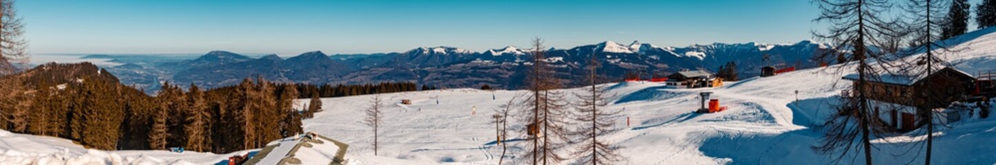 High resolution stitched panorama of a beautiful alpine winter view on a sunny day at the famous Rossfeldstrasse near Berchtesgaden, Bavaria, Germany