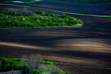 Texture of brown agricultural soil. Beautiful sunrise on the farm. The Farm in the Moldova, Europe....