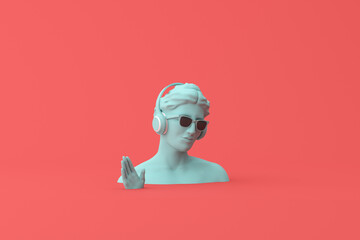 Minimal scene of sunglasses and headphone on human head sculpture, Music concept, 3d rendering.