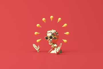 Minimal scene of sunglasses and headphone on gold human head sculpture with light bulbs, 3d rendering.