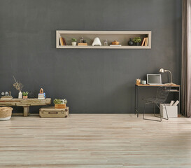 Working from home style, job table and wooden bench, stone wall background.