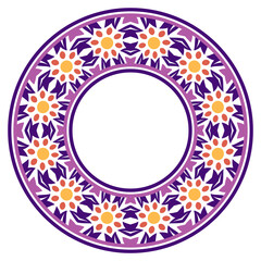 Decorative round ornament. Ceramic tile border. Pattern for plates or dishes. Islamic, indian, arabic motifs. Porcelain pattern design. Abstract floral ornament border