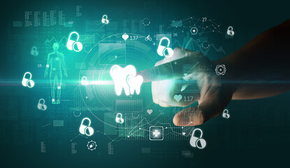 Doctor hand pressing futuristic health device with medical symbol on screen