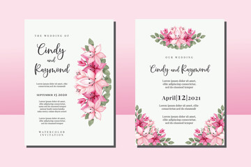 Wedding invitation frame set, floral watercolor hand drawn Pink Lily Flower design Invitation Card Template