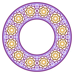 Decorative round ornament. Ceramic tile border. Pattern for plates or dishes. Islamic, indian, arabic motifs. Porcelain pattern design. Abstract floral ornament border