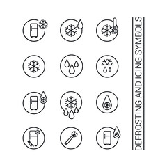 Vector icon. Thawed and frozen symbols. Image of a drop of water with a snowflake and a fridge. Line icon.