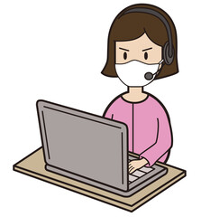 パソコン入力をしながら電話応対をする20代〜30代女性 コールセンター マスク 怒り顔 斜め ななめ