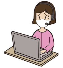 パソコン入力をしながら電話応対をする20代〜30代女性 コールセンター マスク 困り顔 ななめ 斜め