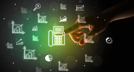 Businessman finger touching on screen multimedia interface with hand drawn currency icons