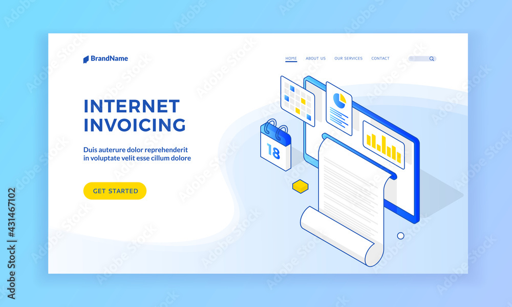 Poster internet invoicing. isometric vector graphic elements of receipt and app icons of website with infor