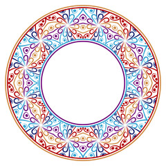 Decorative round ornament. Ceramic tile border. Pattern for plates or dishes. Islamic, indian, arabic motifs. Porcelain pattern design. Abstract floral ornament border