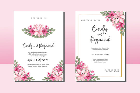 Wedding invitation frame set, floral watercolor hand drawn Pink Lily Flower design Invitation Card Template