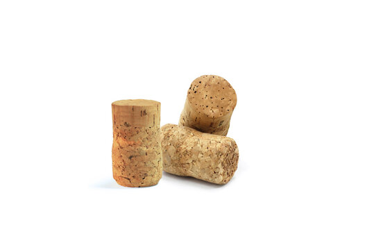 wine corks from sparkling on white background with place for advertising text