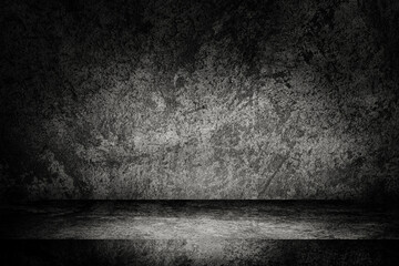 Empty space of Studio dark room of Plaster concrete grunge texture background for use display product.