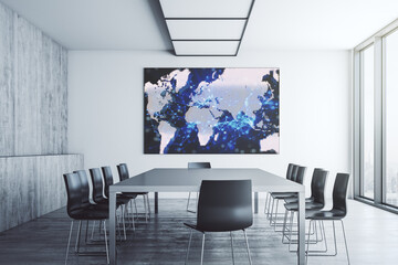 Abstract creative world map on presentation screen in a modern conference room, tourism and traveling concept. 3D Rendering