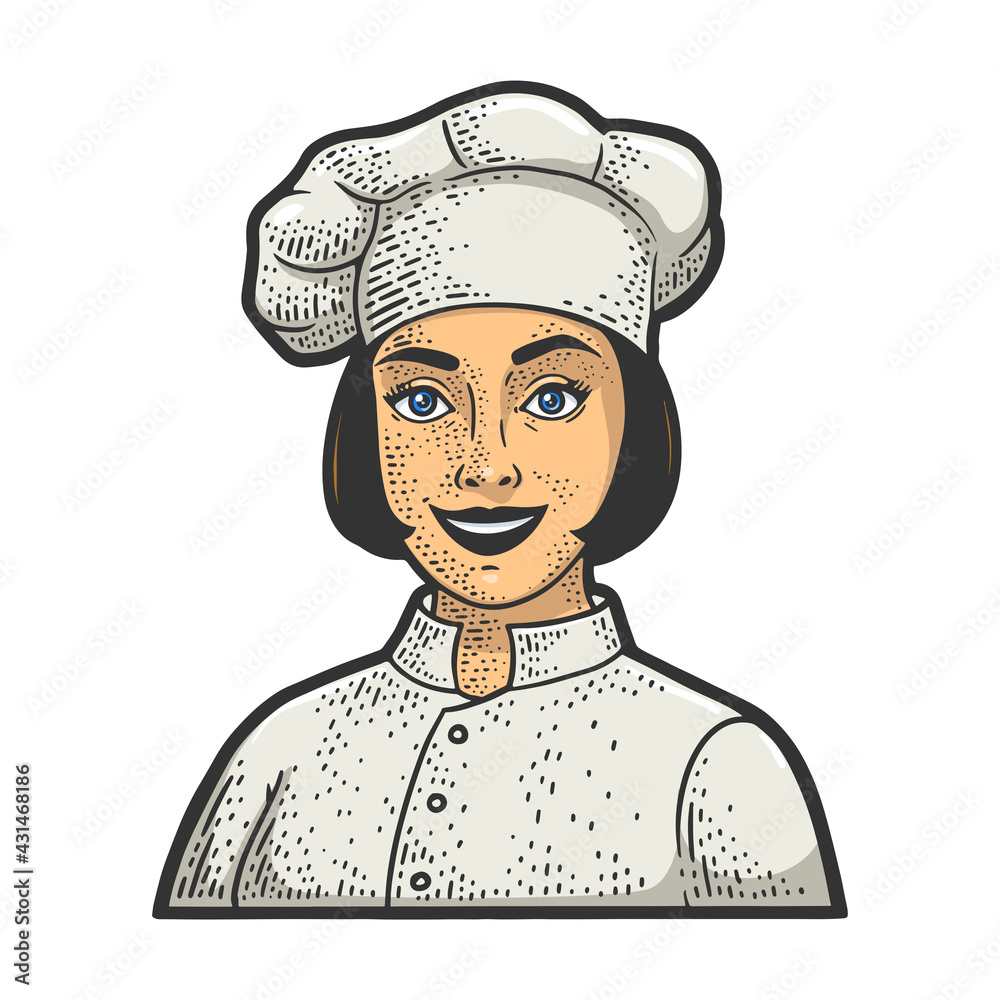 Wall mural chef girl in chef hat toque color sketch engraving vector illustration. T-shirt apparel print design. Scratch board imitation. Black and white hand drawn image.