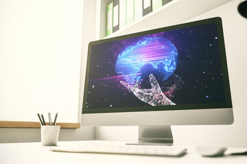 Modern computer display with abstract graphic world map, big data and networking concept. 3D Rendering