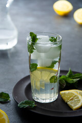 Lemon water. Fresh lemon juice with glass of sparkling water. Summer drink. Detox, immune boosting drink.