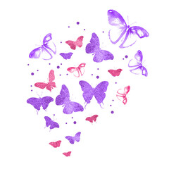 Flock of silhouette butterflies on white