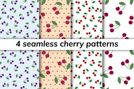 Cherry seamless pattern set. Berry seamless cherry background. Juicy cute pattern
