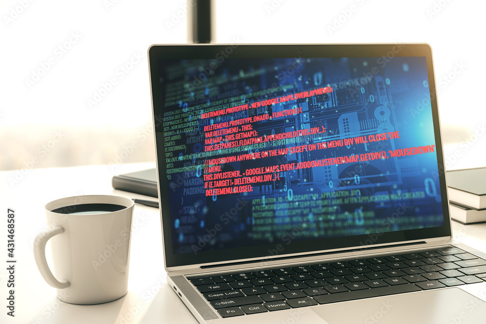 Poster abstract creative coding concept on modern laptop screen. 3d rendering