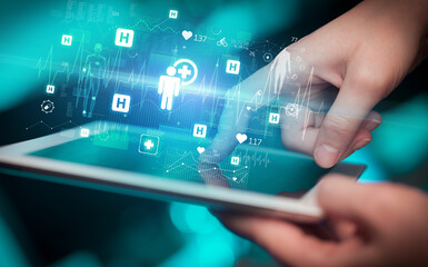 Close-up of a touchscreen with healthcare icons