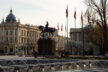 Marshall Jozef Pilsudski monument at the Plac Litewski square in old town. High quality photo in city center of Lublin, Poland. - obrazy, fototapety, plakaty