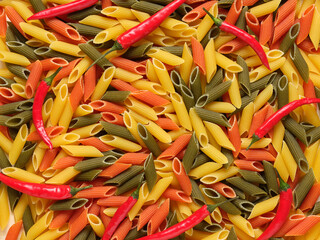 Top view closeup of many colored Italian pasta