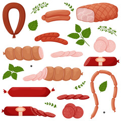 Set of boiled and smoked sausage products, frankfurter, whole sausage, half, sliced,boiled pork,string of sausages, green twigs and leaves. Food, meat dish. Color vector illustration isolated on white © Валерия Соловьева