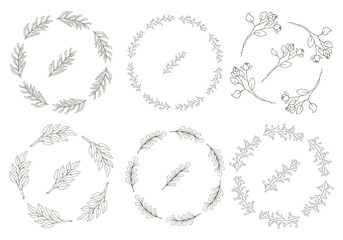 Set of 8 round wreaths of hand-drawn twigs with leaves in doodle style. Black and white vector illustrations in cartoon style. Isolated on a white background