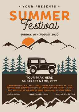 Summer festival camp flyer A4 format. Mountain Road Trip Adventure poster graphic design with forest, car and text. Stock retro card