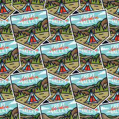 Camping adventure badges pattern. Outdoor adventure hiking seamless background with tent, mountains, cabin life scene. Stock wallpaper