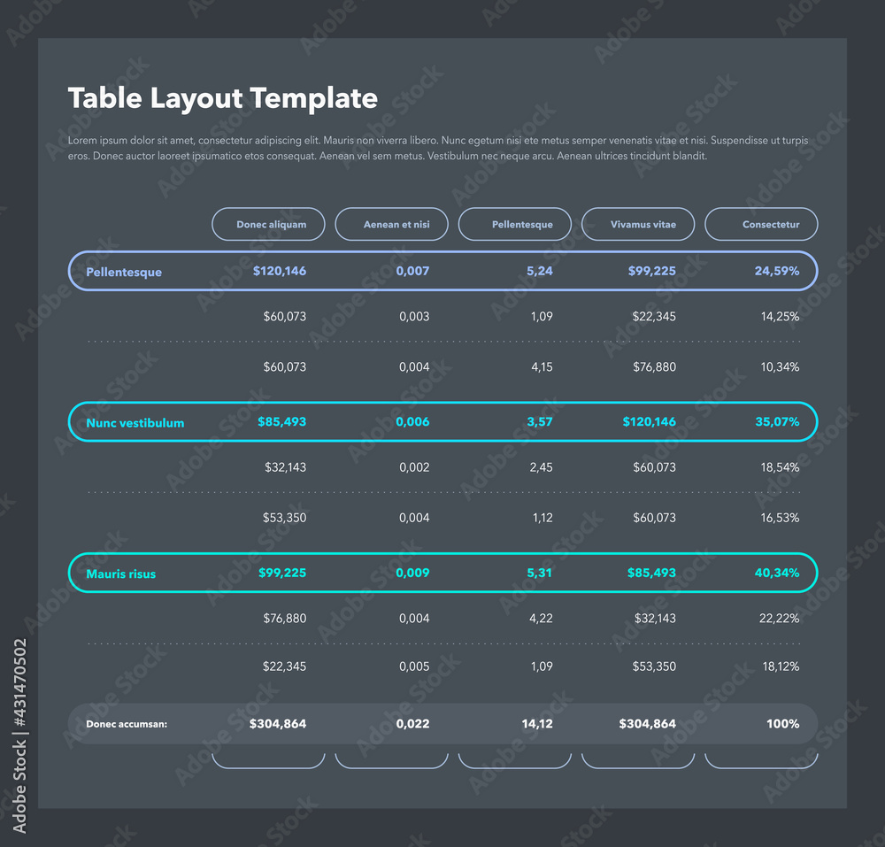 Poster Modern business table layout template with the total sum row and place for your content - dark version. Flat design, easy to use for your website or presentation.