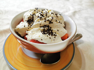 chocolate dessert, balls of delightful fruit ice-cream in glasswares