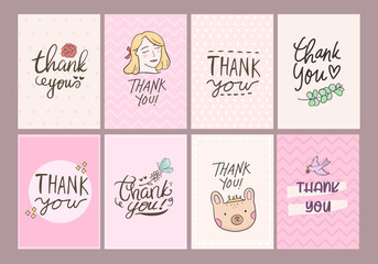 Thanks card label inscription poster for business illustration. Thank you lettering set card for print.Thanks card hand written inscription for business. Thank you lettering set card for print.