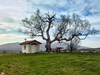 A small rural chapel in the mountains of Bulgaria, next to a lonely tree against a cloudy sky...