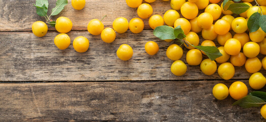 A scattering of yellow plums on a wooden background with copy space. Banner.