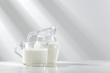 Natural milk in a glass vessel on a white background and a table in the morning sun 