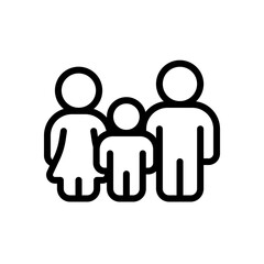 Full family, happy parents and child. Black linear icon with editable stroke on white background
