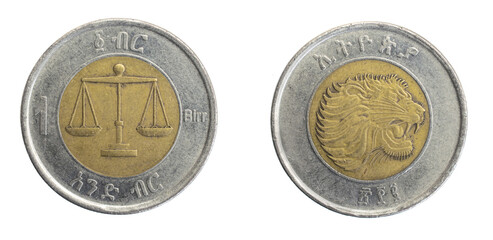 Ethiopia one birr coin on white isolated background